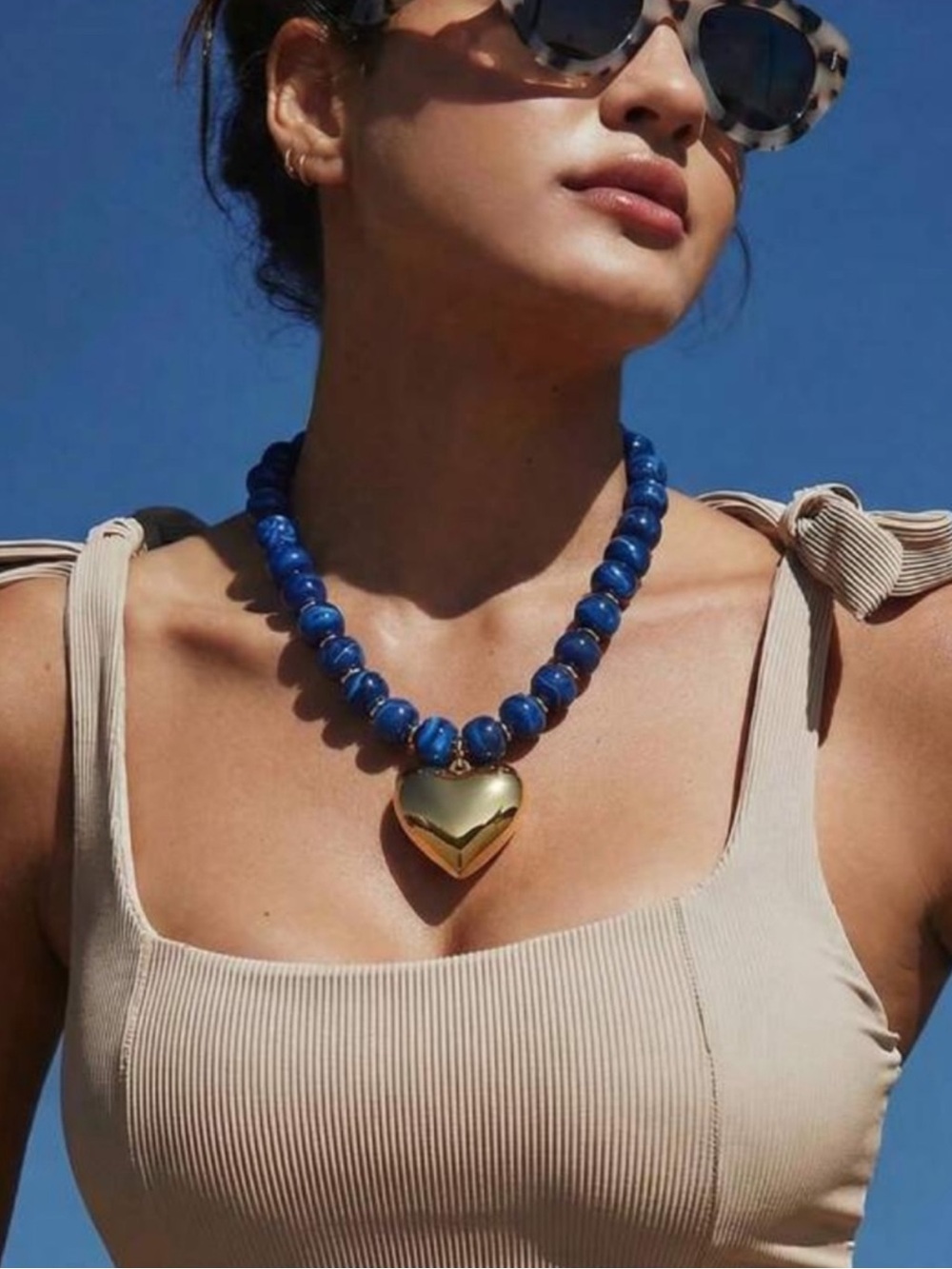 New! Coastal Blue Beaded Gold Heart Statement Necklace NWOT